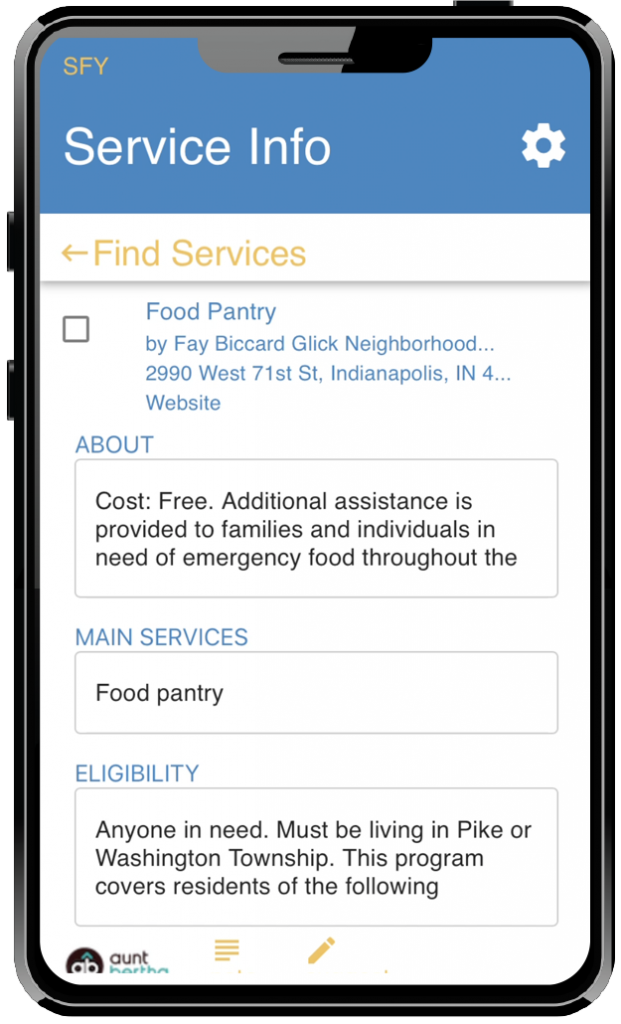 Details for service resources include: • Services offered • Hours of operation • Address and distance from your location • Directions with public transit options • Website link • Eligibility requirements • Next steps for accessing services