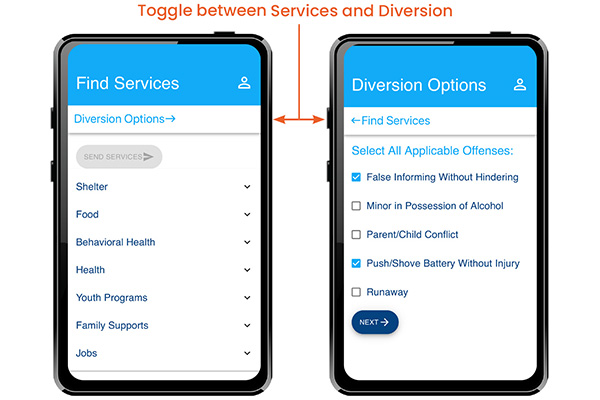 Two views of the Youth Services app with a callout: Toggle between Services and Diversion